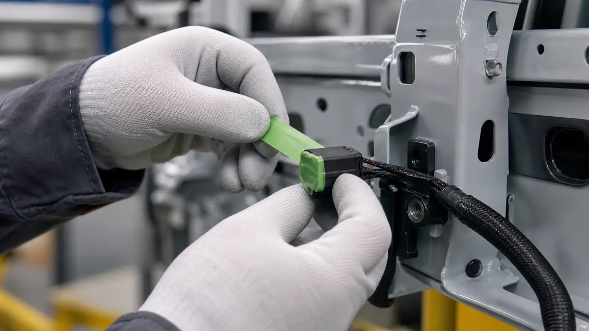 Technician applying green PET silicone tape over the mating face of an automotive wire-harness connector before paint bake
